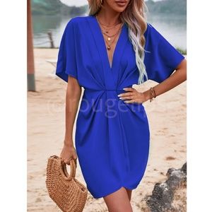 Royal Blue Mini Dress Ruched, Batwing Sleeve Faux Wrap Pleated